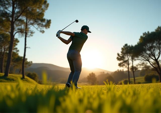 Giocatore di golf che esegue un drive potente sotto il sole di Roma